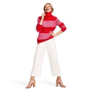 Isaac Mizrahi Target Women Pink Red Lightweight Stripe Cotton Turtleneck Sweater